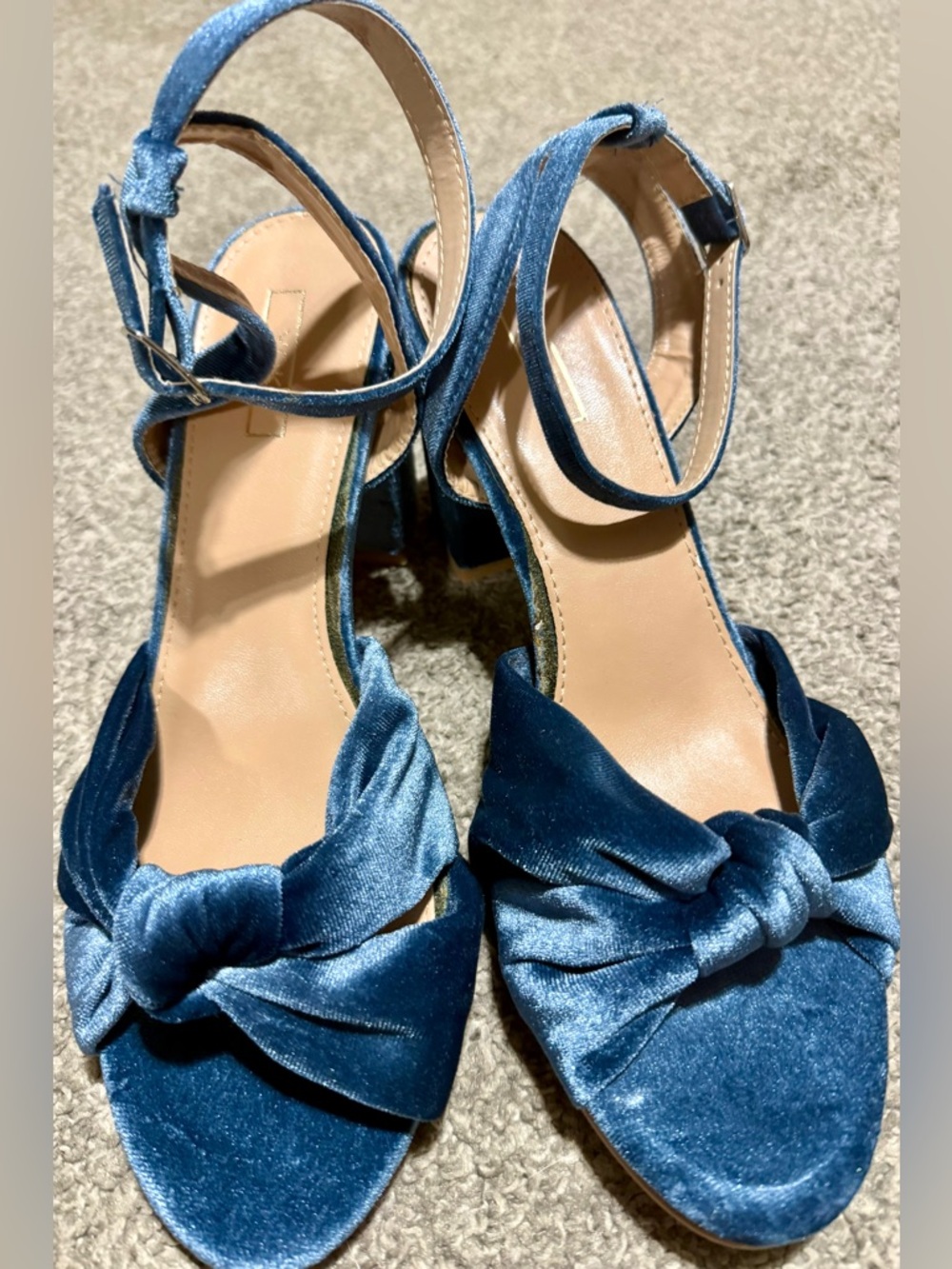 Yoki Teal Velvet Knotted Ankle-Strap Block Heels